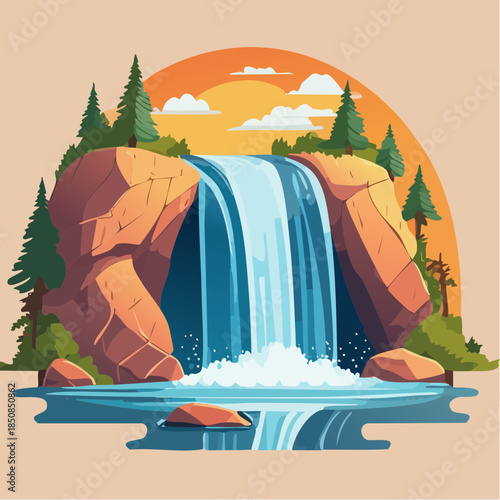 Cartoon illustration of a waterfall cascading over rocks into a pool, surrounded by trees and a sunset.