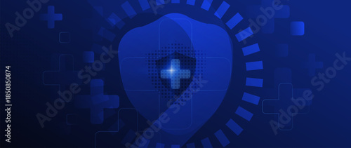 Abstract dark blue gradient background with medical crosses and shield shape for health insurance and protection concepts. Minimal modern design for insurance services, safety, trust and reliability