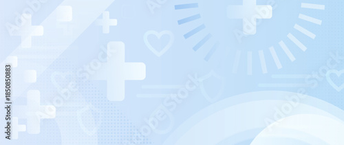 Abstract light blue gradient medical background with subtle crosses, hearts and shield icons. Clean modern healthcare design for medicine, insurance, safety, wellness, clinics, apps and presentations
