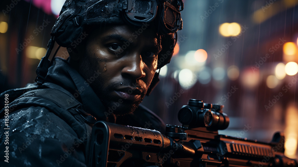 Fototapeta premium special forces soldier polices a with high technology gun and weapon working in night city