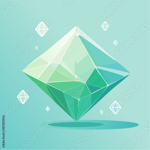 Geometric diamond illustration with shades of green and smaller diamond shapes floating around it on a blue background.