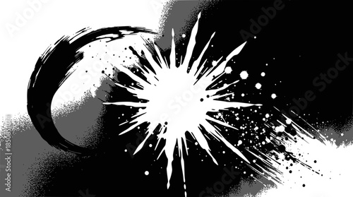 Dynamic black and white abstract art with a central burst and a sweeping brushstroke.