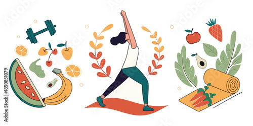A person practices yoga in a warrior pose surrounded by healthy food items like fruits and vegetables, and fitness equipment such as a dumbbell and a yoga mat.