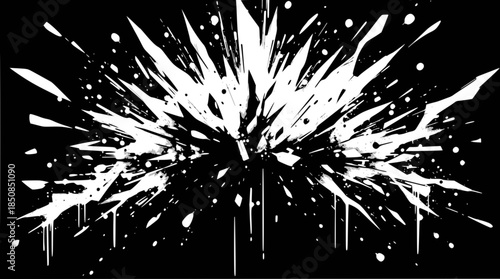 Abstract white explosion or splatter graphic design element on a black background, creating a dynamic and chaotic visual effect.