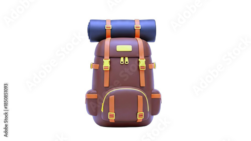 3D Rendered Backpack with Rolled Sleeping Pad on White Background