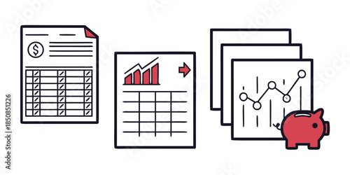 A piggy bank sits next to financial documents and charts, symbolizing savings and financial planning.