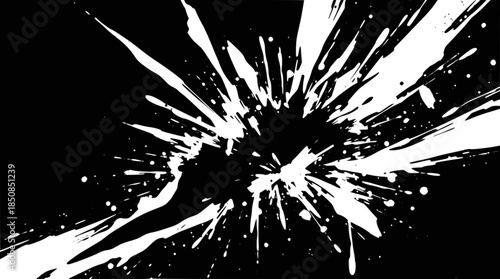 Dynamic white paint splash exploding outwards on a stark black background, creating an abstract and high-contrast visual effect.