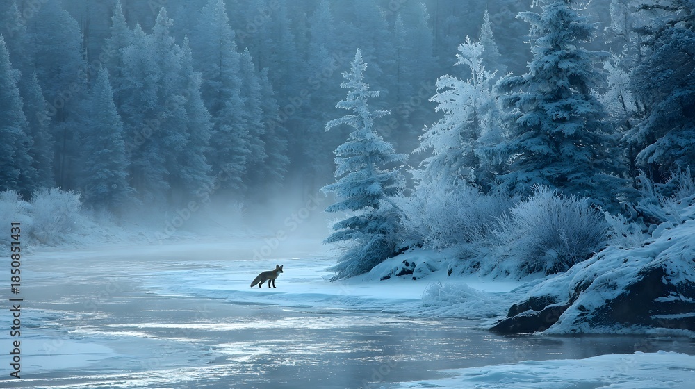 Obraz premium A lone fox gingerly treads on the winter river's chilly ice layer.