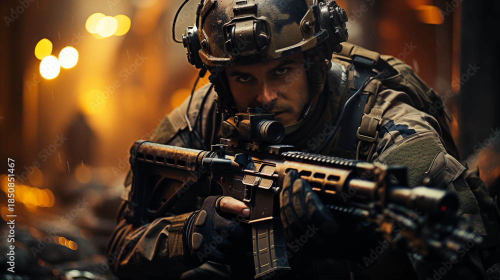 Fototapeta premium special forces soldier polices a with high technology gun and weapon working in night city
