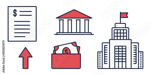 A financial document with a dollar sign and an upward arrow is shown next to a wallet filled with money, a classical building, and a modern office building with a flag.