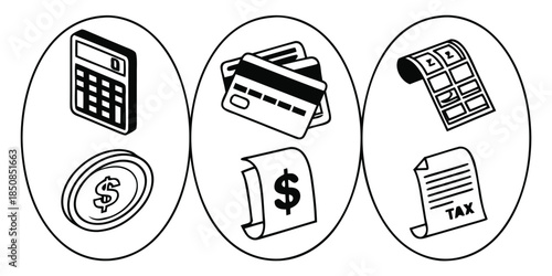 A calculator and a coin with a dollar sign are shown in the first oval, credit cards and a bill with a dollar sign in the second, and a receipt and a tax document in the third.