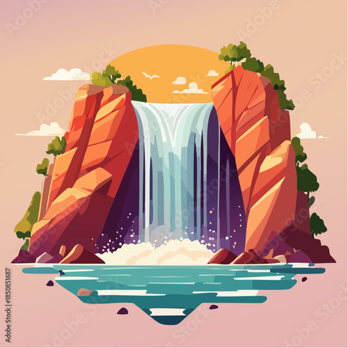Stylized illustration of a waterfall cascading between rocky cliffs into a turquoise pool, set against a warm sunset sky.