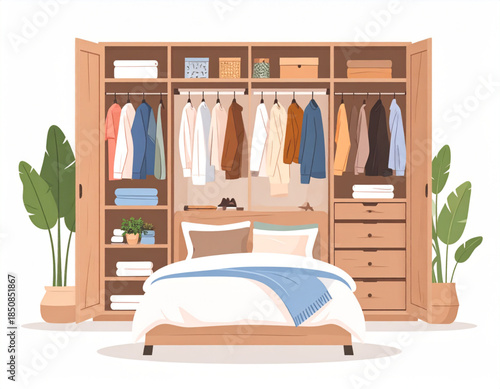 A cozy bedroom interior with a wooden bed and large open wardrobes filled with clothes and storage, flanked by green potted plants.