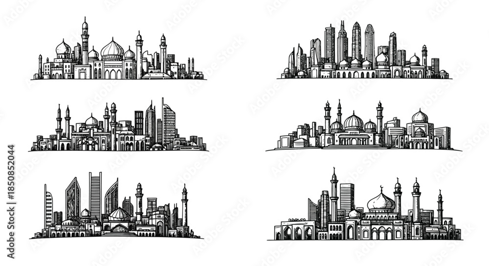 Fototapeta premium Detailed sketches showcase intricate cityscapes with diverse architectural styles