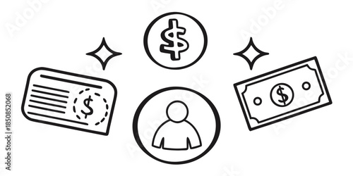 A stylized illustration depicts a person surrounded by financial elements including a credit card, a dollar bill, and coins, symbolizing personal finance and economic concepts.