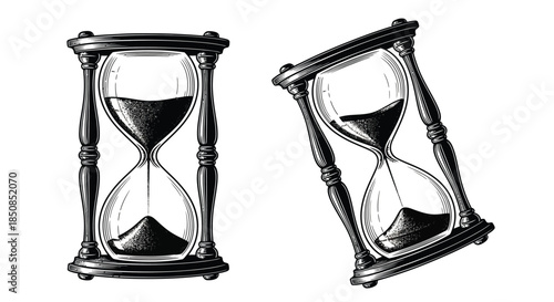 Vintage hourglasses in black and white showcasing the passage of time elegantly