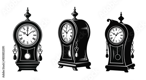 Vintage grandfather clocks in black and white showcasing different design variations