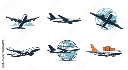 Collection of airplane icons with a world globe representing air travel