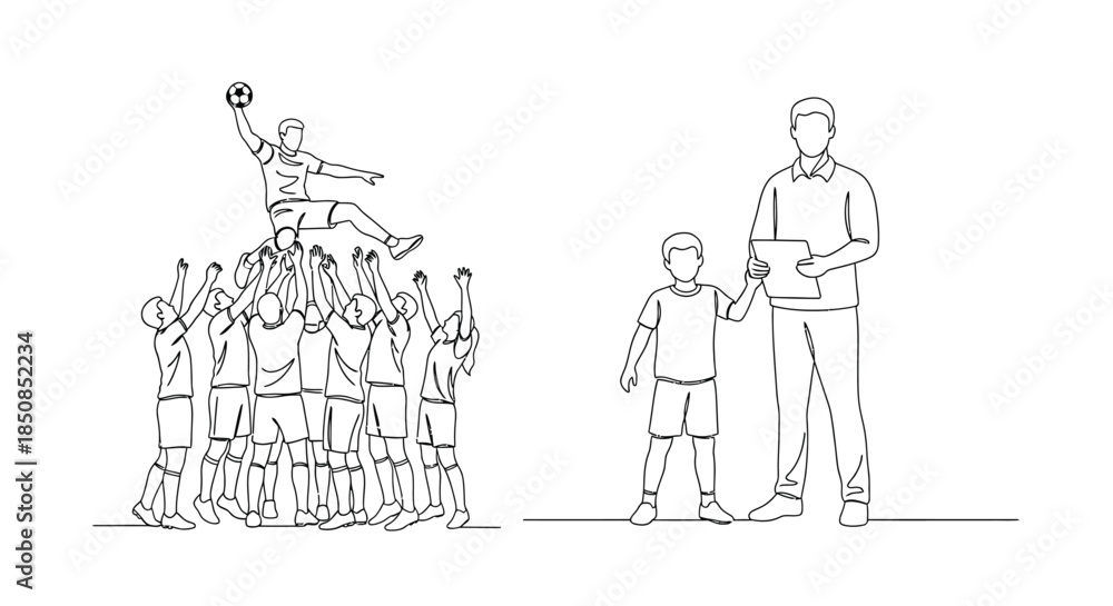 Obraz premium Sketch of a human pyramid and a man with a child observing