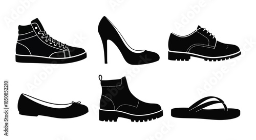 A collection of diverse footwear silhouettes in a simple black and white design
