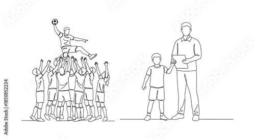 Sketch of a human pyramid and a man with a child observing