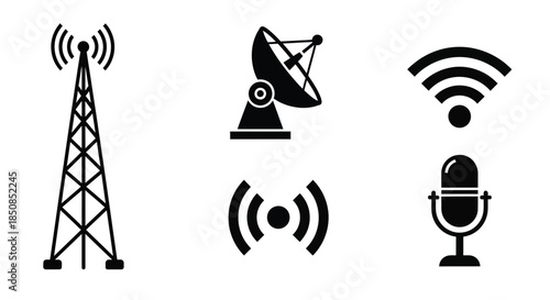 Communication technology icons towers satellites and wireless signal symbols illustrated