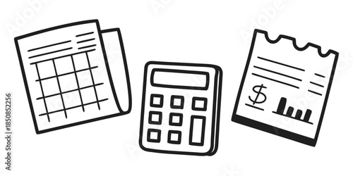 A calculator is placed between a grid document and a receipt with a dollar sign and bar graph, representing financial concepts and data.