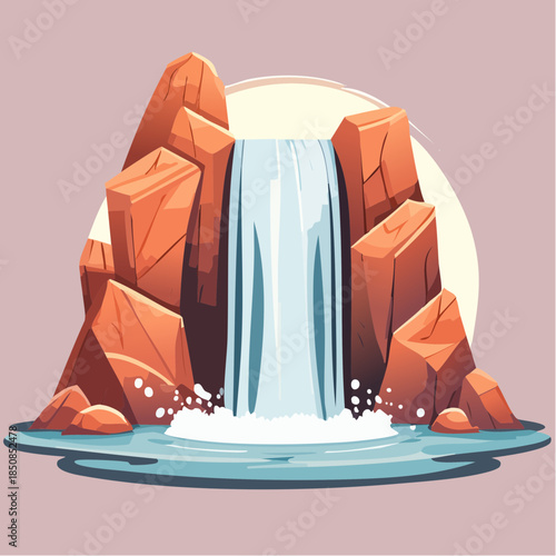 Cartoon illustration of a waterfall cascading between rocky formations.