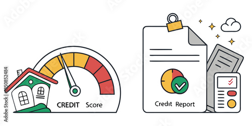 A credit score meter with a house and a credit report with a calculator are depicted as illustrations representing financial concepts.
