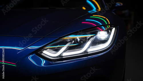 Modern Car Headlight with Colorful Neon Reflections at Night