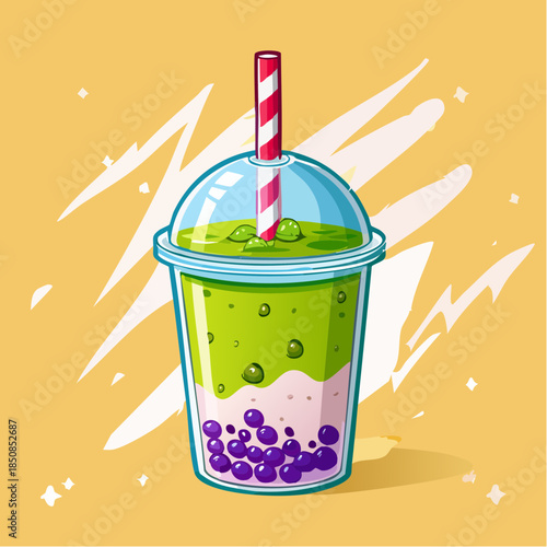 A cartoon illustration of a bubble tea drink with green liquid and purple tapioca pearls.
