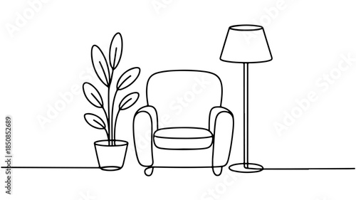 a continuous one-line drawing of a cozy living room corner featuring an armchair, a potted houseplant, and a floor lamp.