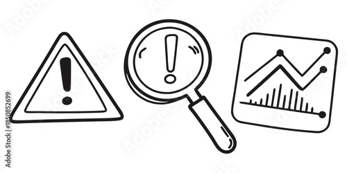 A warning sign, a magnifying glass with an exclamation mark, and a graph icon are presented in a simple, hand-drawn doodle style, suggesting analysis and alerts.