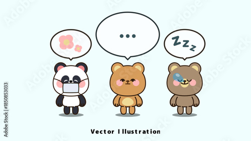 Cute cartoon bear and panda characters standing with speech bubbles showing different moods. Clean flat vector illustration suitable for stickers, banners, kids content, and friendly design.