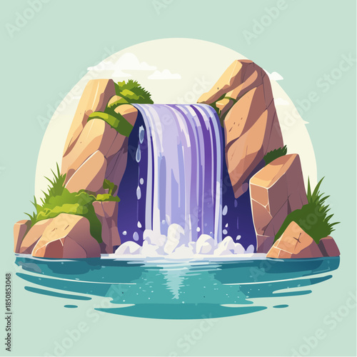 Cartoon illustration of a waterfall cascading over rocks into a pool of water.