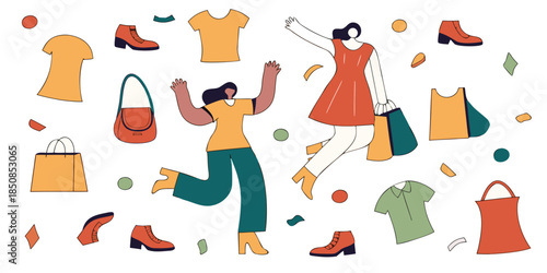 Two joyful women celebrate shopping with bags and clothing items scattered around them in a vibrant, abstract illustration.