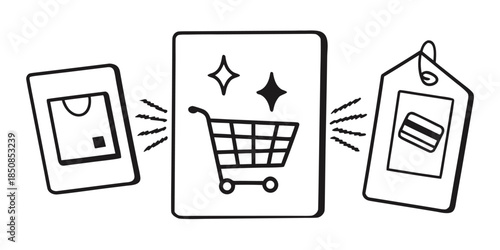 A shopping cart icon is depicted between a mobile device with a package and a price tag with a credit card, representing e-commerce and online shopping.