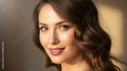 Stunning Beauty: Close-Up Portrait of a Woman with Elegant Wavy Hair and Natural Makeup
