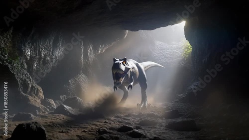Dynamic shot of a large predatory dinosaur running through a dusty, arid prehistoric desert landscape with sand dunes and mountains.