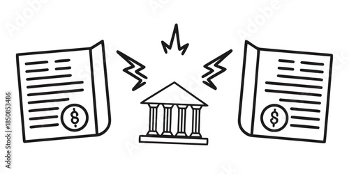 A stylized illustration depicts a financial institution, represented by a building with columns, emitting energetic lines towards two documents, each bearing a dollar sign, suggesting financial