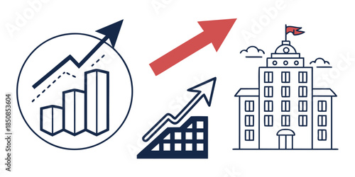 An upward trending graph and arrow indicate progress or growth leading to a building, symbolizing business or institutional advancement.
