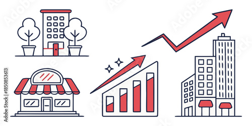 Illustrations depict business growth and real estate development with buildings, a storefront, and rising bar graphs with arrows.