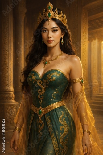 Golden Palace Snake Goddess with Emerald Crown