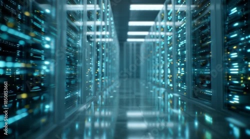 Futuristic server room with glowing blue lights and rows of data storage
