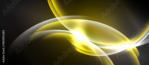 Abstract golden swirls, luminous curves, dynamic flow. Soft gradients create elegant visual impact. Dark background enhances brightness.