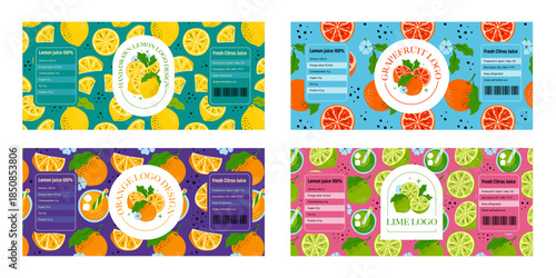 Horizontal Citrus Fruit Labels with Logos, Patterns. Hand-Drawn Lemon, Lime, Orange and Grapefruit