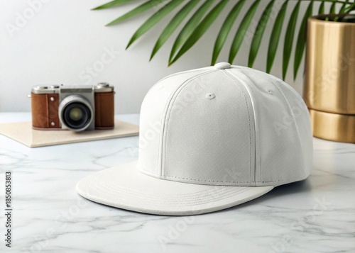 White baseball cap on white marble table with palm leaf and camera.