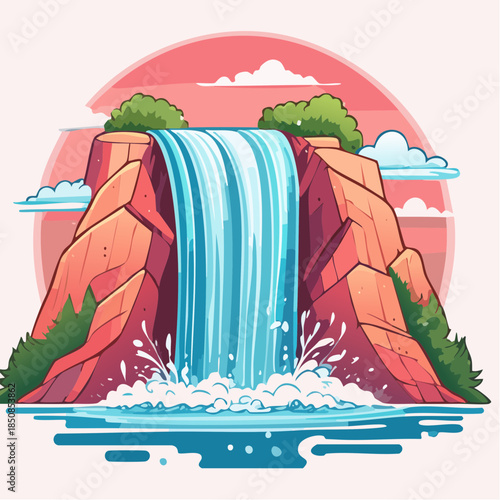 Cartoon illustration of a waterfall cascading over red rocks into a pool of water.