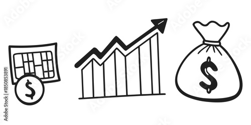 A doodle illustration shows a calendar with a dollar coin, a bar graph with an upward trend arrow, and a money bag with a dollar sign, representing financial concepts.
