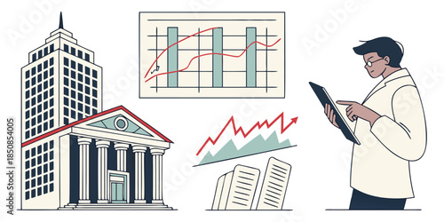 A person uses a tablet to analyze financial charts and graphs next to a building that resembles a bank or financial institution, symbolizing business and economic concepts.